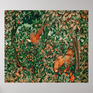 FOREST ANIMALS Pheasant Red Fox,Green Floral Poster