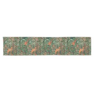 FOREST ANIMALS Pheasant,Red Fox,Green Floral Short Table Runner