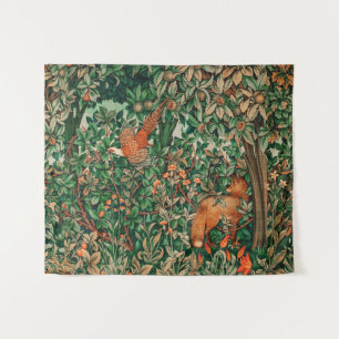 FOREST ANIMALS Pheasant Red Fox,Green Floral Tapestry