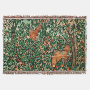 FOREST ANIMALS Pheasant ,Red Fox Green Floral  Throw Blanket