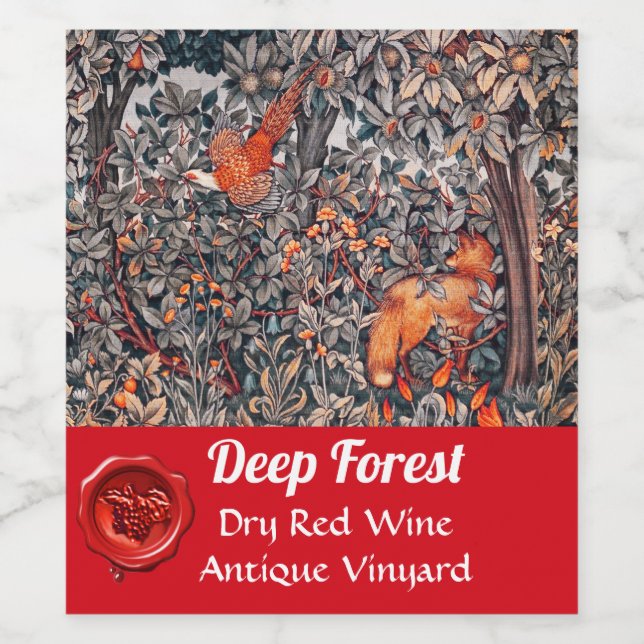FOREST ANIMALS Pheasant Red Fox,Grey Floral Wine Label (Single Label)