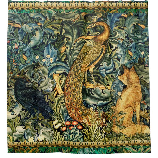 FOREST ANIMALS,RAVEN,FOX,PEACOCK Blue Green Floral (Front)