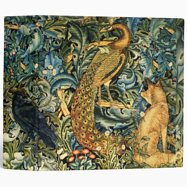 FOREST ANIMALS,RAVEN,FOX,PEACOCK Blue Green Floral Binder (Front/Spine)