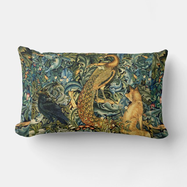 FOREST ANIMALS,RAVEN,FOX,PEACOCK Blue Green Floral Lumbar Pillow (Front)
