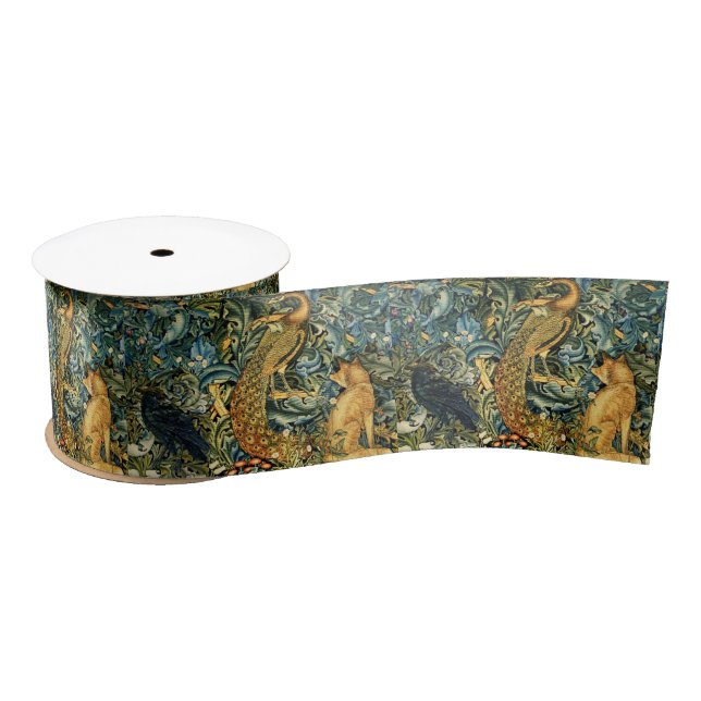 FOREST ANIMALS,RAVEN,FOX,PEACOCK Blue Green Floral Satin Ribbon (Spool)