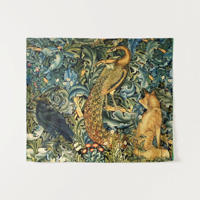 FOREST ANIMALS,RAVEN,FOX,PEACOCK Blue Green Floral Tapestry (Front (Horizontal))