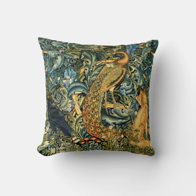 FOREST ANIMALS,RAVEN,FOX,PEACOCK Blue Green Floral Throw Pillow (Front)