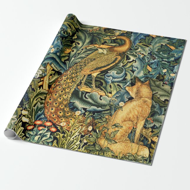 FOREST ANIMALS,RAVEN,FOX,PEACOCK Blue Green Floral Wrapping Paper (Unrolled)