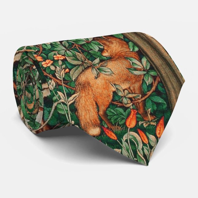 FOREST ANIMALS Red Fox, Pheasat Green Floral Tie (Rolled)