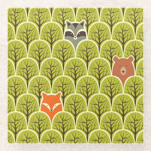 Forest Animals Vintage Pattern Glass Coaster (Front)