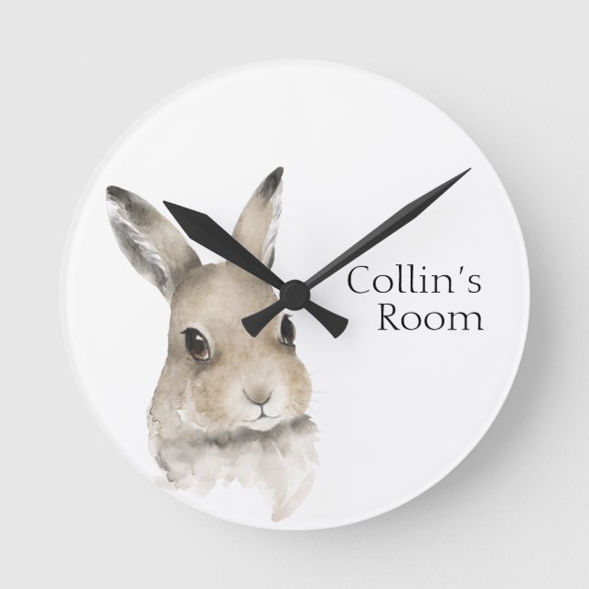 Forest Animals Watercolor Bunny Name Nursery Round Clock (Front)