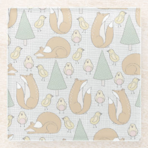 Forest Animals Wild Fox Chick Pine Tree Glass Coaster