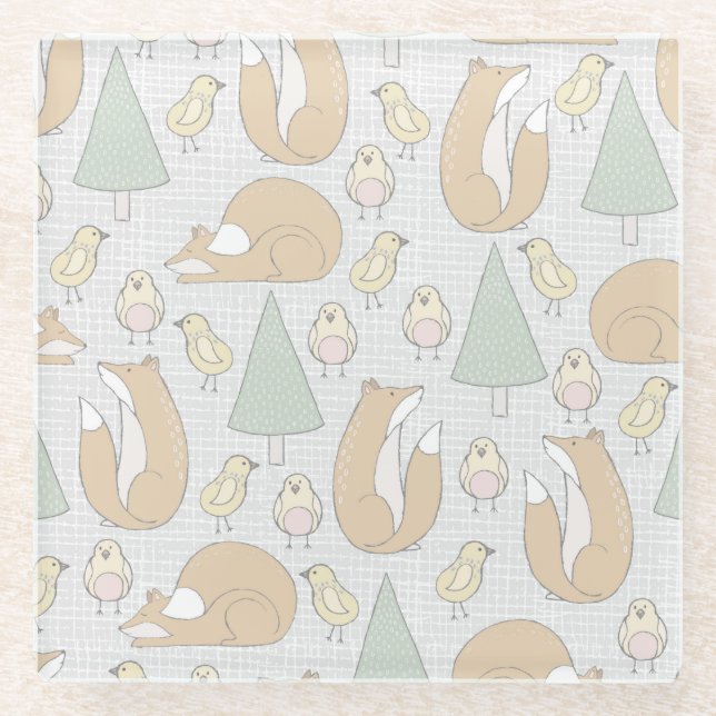 Forest Animals Wild Fox Chick Pine Tree Glass Coaster (Front)