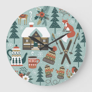 Forest Animals: Winter Vintage Seamless. Large Clock
