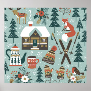 Forest Animals: Winter Vintage Seamless. Poster