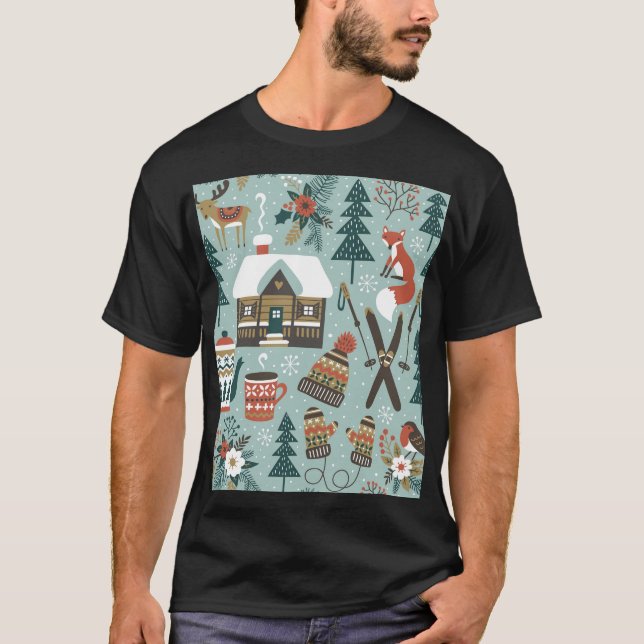 Forest Animals: Winter Vintage Seamless. T-Shirt (Front)