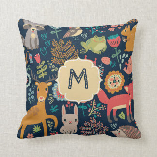 Forest Animals Woodland Navy Blue Monogram Throw Pillow