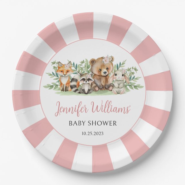 Forest animals Woodland pink girl baby shower Paper Plate (Front)