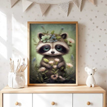 Forest Baby Raccoon Flower | Raccoon Wall Print