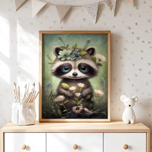 Forest Baby Raccoon Flower Raccoon Wall Print