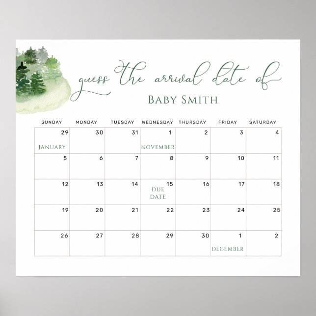 Forest baby shower guess Due Date Calendar  Poster (Front)