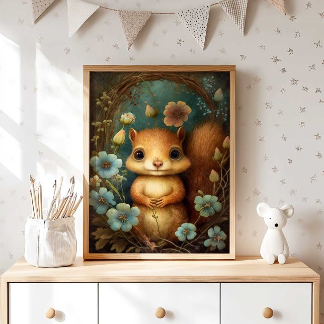 Forest Baby Squirrel Flower | Squirrel Wall Print (Woodland Squirrel Nursery Print with Blue Flowers by TinkPrints. )