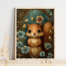 Forest Baby Squirrel Flower | Squirrel Wall Print