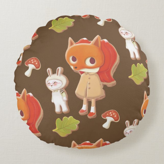 Forest Bakery: Fox Girl & Animal Cookies Pattern Round Pillow (Front)