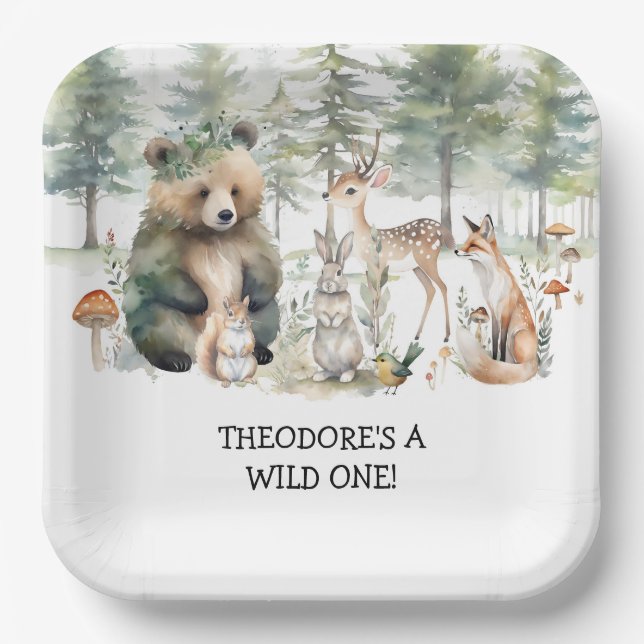 Forest Bear Deer Woodland Wild One Birthday Party Paper Plate (Front)