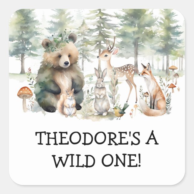 Forest Bear Deer Woodland Wild One Birthday Party Square Sticker (Front)