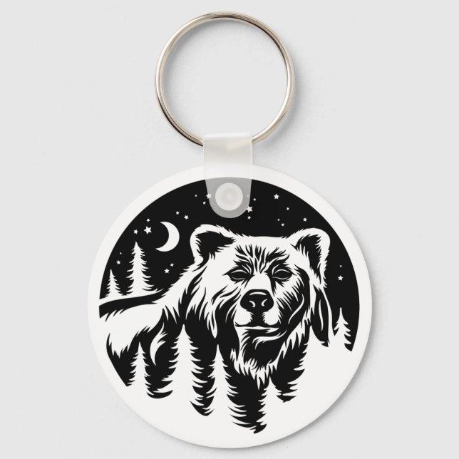 Forest Bear with Night Sky, Outdoors Nature Lover  Keychain (Front)