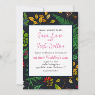 Forest berries, leaves and bugs on graphite black invitation