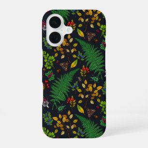 Forest berries, leaves and bugs on graphite black iPhone 16 case