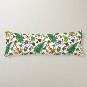 Forest berries, leaves and bugs on white body pillow