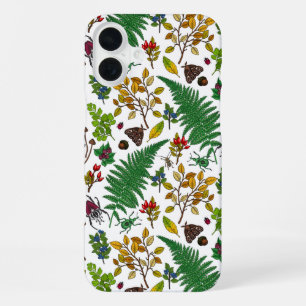 Forest berries, leaves and bugs on white iPhone 16 plus case