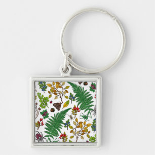 Forest berries, leaves and bugs on white keychain