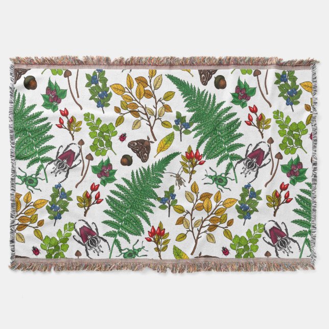 Forest berries, leaves and bugs on white throw blanket (Front)