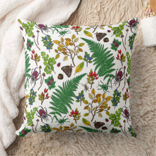 Forest berries, leaves and bugs on white throw pillow