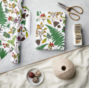 Forest berries, leaves and bugs on white wrapping paper