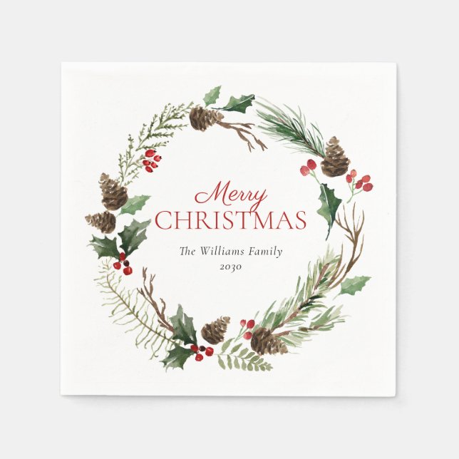 Forest Berry Pinecone Wreath Merry Christmas Napkin (Front)