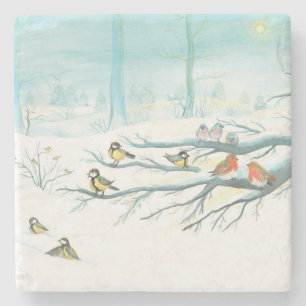 Forest birds in winter   stone coaster