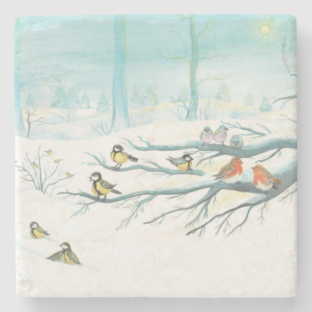 Forest birds in winter   stone coaster (Front)