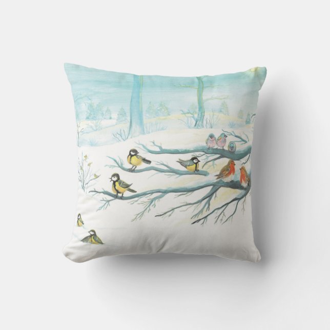 Forest birds in winter  throw pillow (Front)