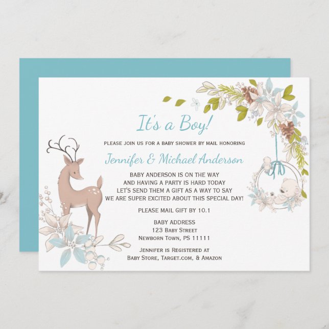 Forest Blue Boy Bear Deer Baby Shower By Mail Invitation (Front/Back)