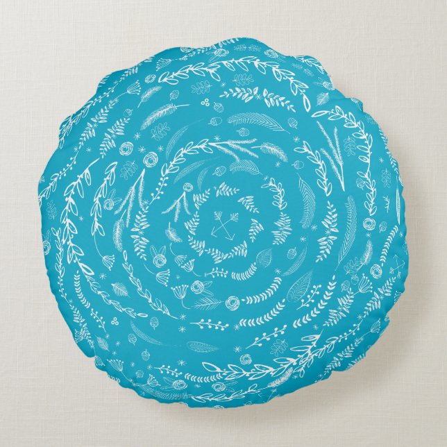 Forest Blue Reversible Grey Floral Garland Pattern Round Pillow (Back)