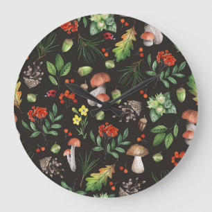 Forest Bounty: Watercolor Mushroom Pattern Large Clock