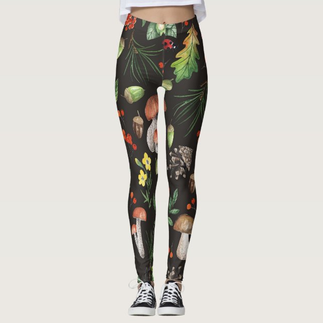 Forest Bounty: Watercolor Mushroom Pattern Leggings (Front)