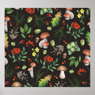 Forest Bounty: Watercolor Mushroom Pattern Poster