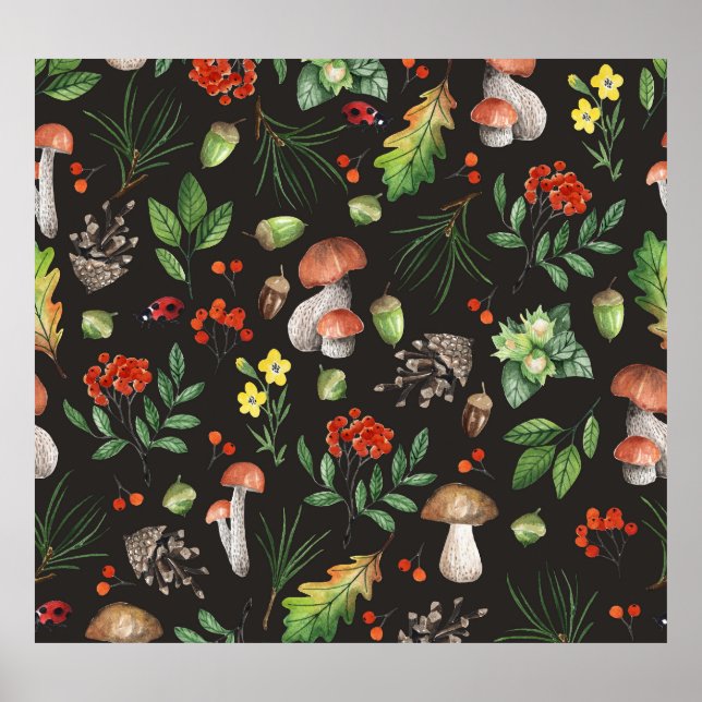 Forest Bounty: Watercolor Mushroom Pattern Poster (Front)