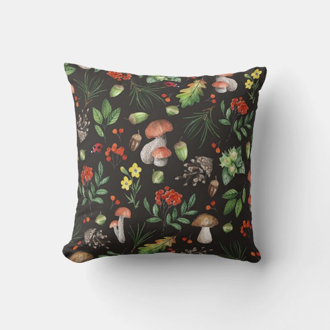 Forest Bounty: Watercolor Mushroom Pattern Throw Pillow (Front)